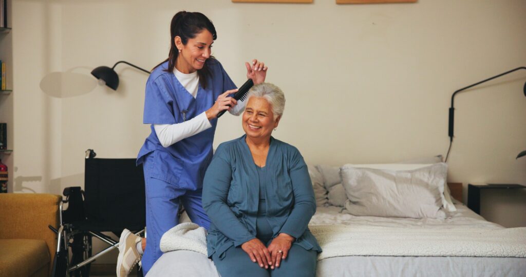 Nurse, brush and senior patient with hairstyle for self care, grooming or morning routine at assist